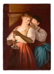 German Painted Porcelain Plaque, 'The Secret'