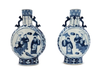 Pair of Chinese Blue and White Pilgrim Vases, 19th century
