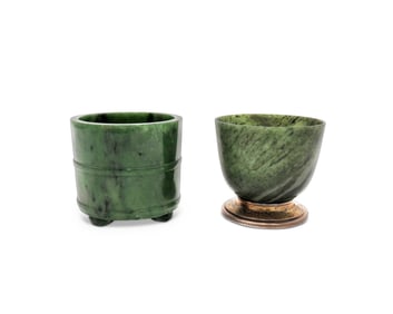 Two Green Jade Vessels, one with silver base, ca. 1900