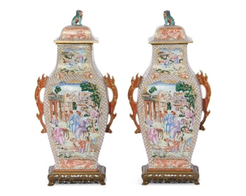 Pair of Chinese Export Style Rose Mandarin Covered Urns
