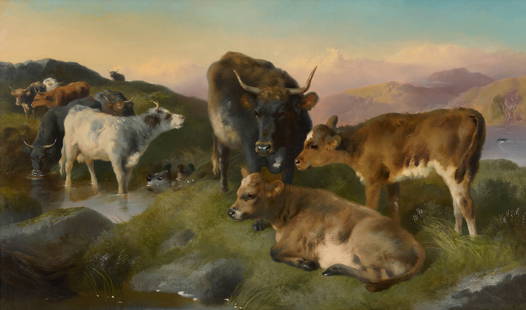 GEORGE WILLIAM HORLOR, (British, 1823-1895), Cows Grazing in a Landscape: GEORGE WILLIAM HORLOR(British, 1823-1895)Cows Grazing in a Landscapeoil on canvassigned and dated G.W. Horlor 1879 lower right24 x 40 in., frame :29 1/2 x 45 1/2 in. Provenance: The Coll