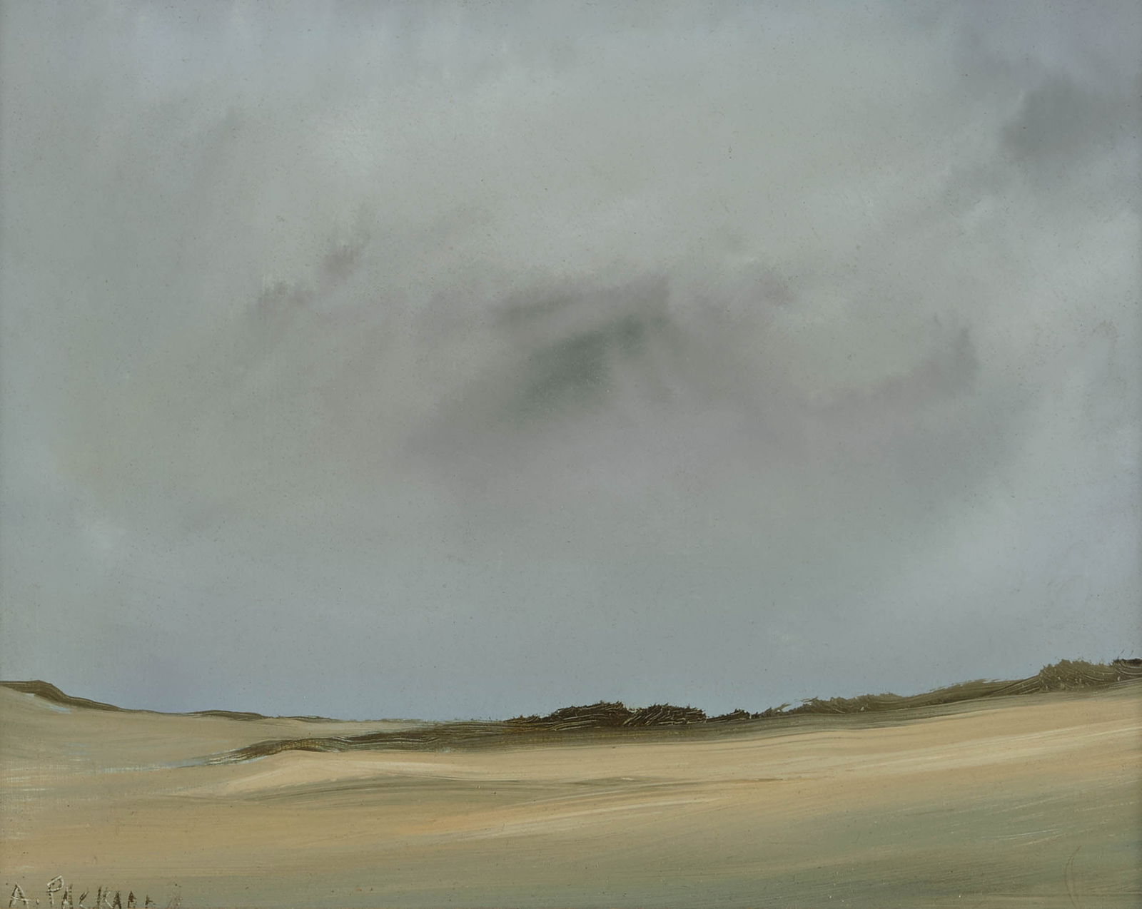 ANNE PACKARD, (American, b. 1933), Stormy Dunes: ANNE PACKARD(American, b. 1933)Stormy Dunesoil on boardsigned A. Packard lower left5 x 7 in., frame: 7 3/8 x 9 3/8 in.