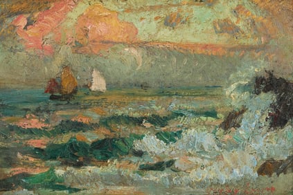 HAYLEY LEVER, (American, 1876-1958), Rocks and Surf, Cornwall, England