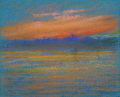 WILLIAM PARTRIDGE BURPEE, (American, 1846-1940), Sunset Over Gloucester, 1905: WILLIAM PARTRIDGE BURPEE(American, 1846-1940)Sunset Over Gloucester1905, pastel on paper4 3/4 x 6 in., frame: 11 x 12 in. Provenance: The Collection of a Williamstown, Massachusetts Gentleman.