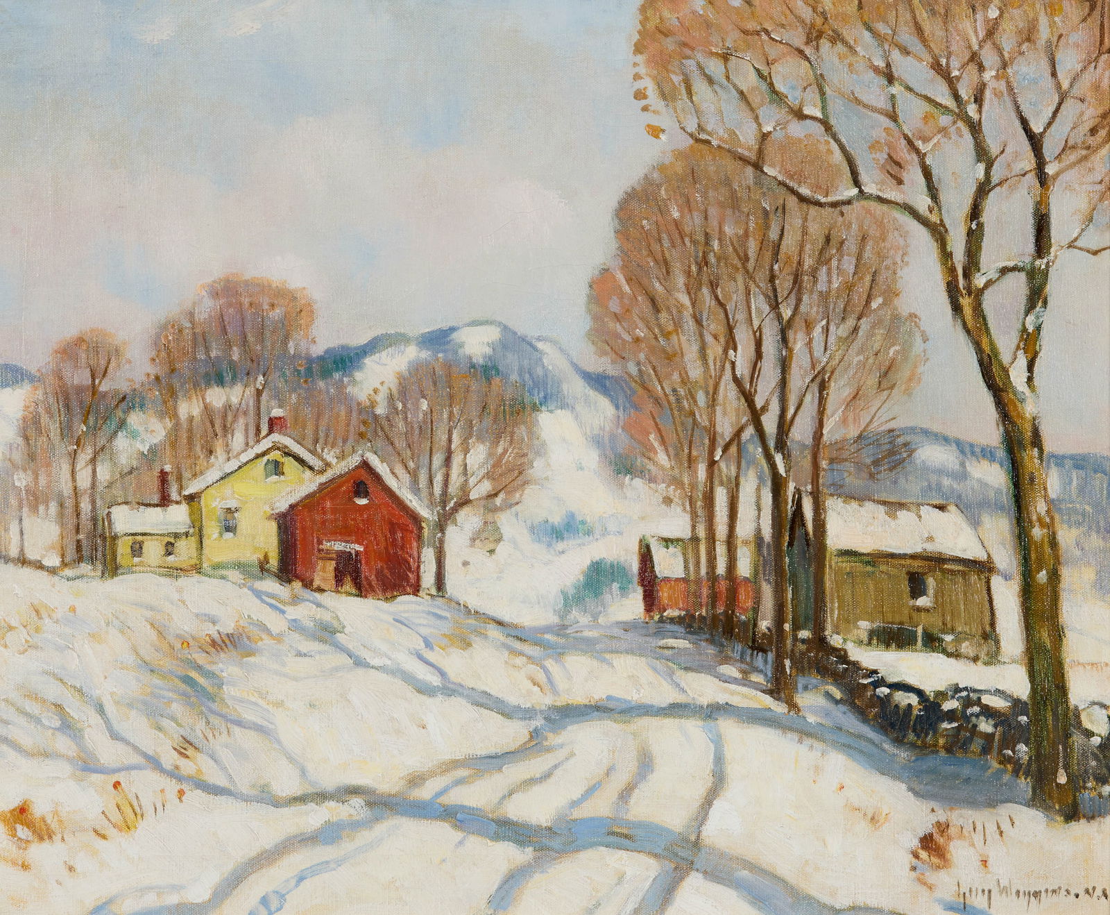 GUY CARLETON WIGGINS, (American, 1883-1962), The Hill Farm, Winter: GUY CARLETON WIGGINS(American, 1883-1962)The Hill Farm, Winteroil on canvassigned Guy Wiggins N.A. lower right; titled and signed verso19 7/8 x 24 1/8 in., frame: 27 x 31 1/4 in. Provena