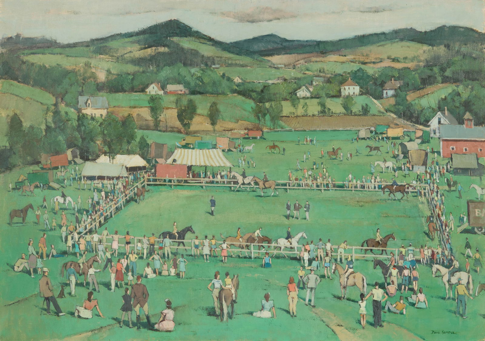 PAUL STARRETT SAMPLE, (American, 1896-1974), The Horse Show, S. Woodstock, Vermont, ca. 1949: PAUL STARRETT SAMPLE(American, 1896-1974)The Horse Show, S. Woodstock, Vermontca. 1949, oil on canvassigned Paul Sample lower right31 3/8 x 44 1/8 in., frame: 39 1/2 x 52 1/2 in. Provena