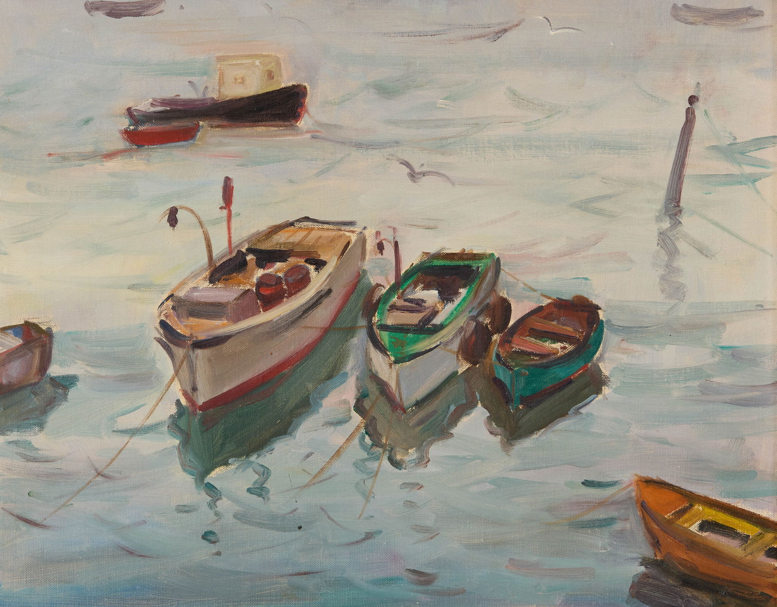 CARL WILLIAM PETERS, (American, 1897-1980), Boats in a Harbor (1 of 4)