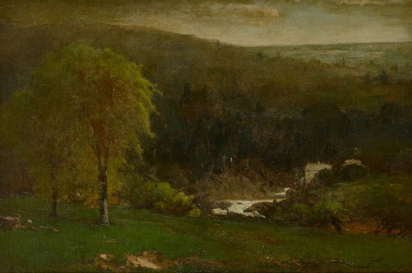 GEORGE INNESS, (American, 1825-1894), Old Mill, Montclair, NJ (Ramapo Hills), 1872: GEORGE INNESS(American, 1825-1894)Old Mill, Montclair, NJ (Ramapo Hills)1872, oil on canvassigned and dated G. Inness 1872 lower left23 3/8 x 35 5/16 in., frame: 33 1/4 x 45 5/8 in. Prov