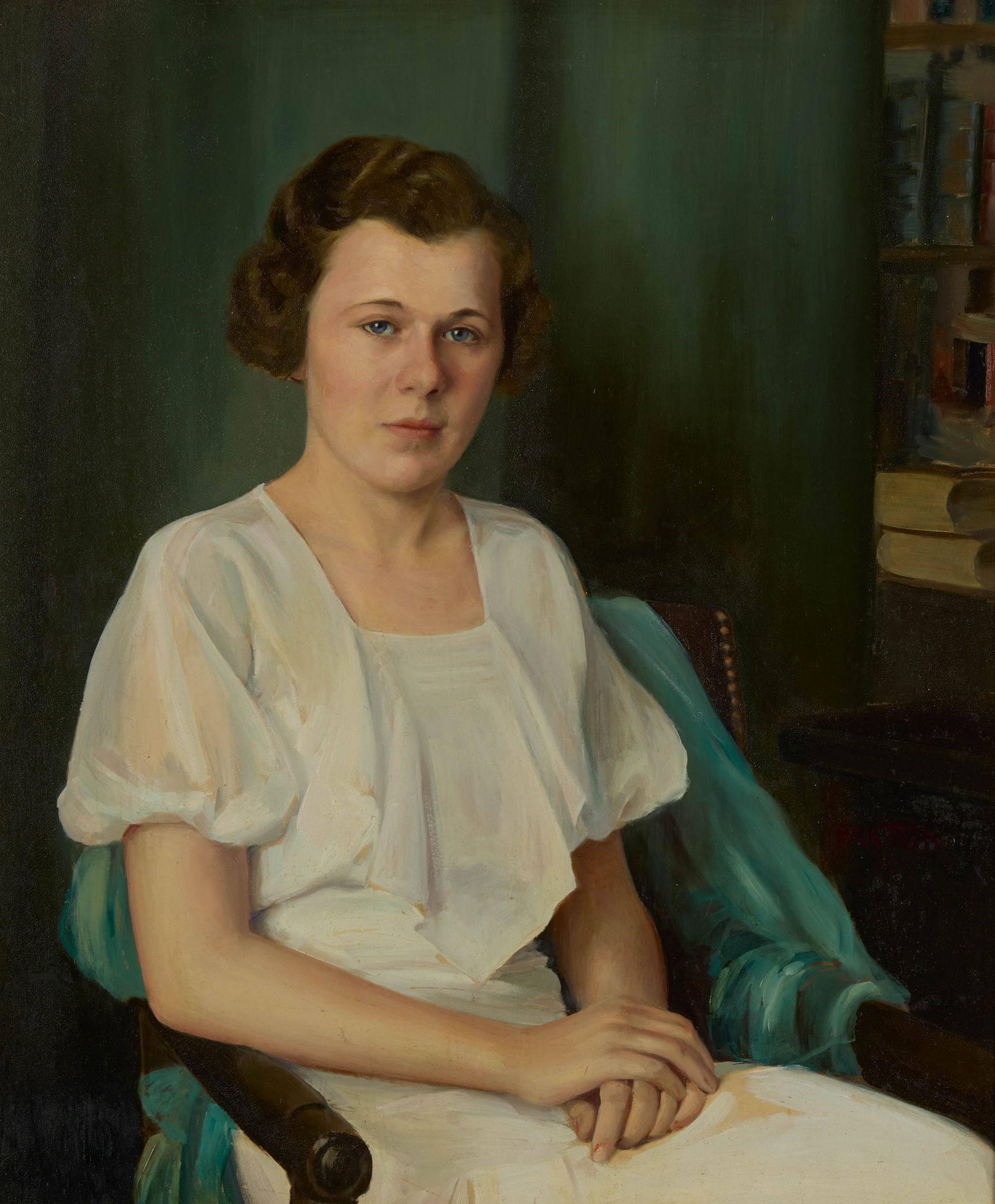 WILLIAM McGREGOR PAXTON, (American, 1869-1941), Portrait of a Seated Woman in a White Dress: WILLIAM McGREGOR PAXTON(American, 1869-1941)Portrait of a Seated Woman in a White Dressoil on boardsigned Paxton lower right30 x 25 in., frame: 35 1/2 x 30 1/2 in. Provenance: The Collec