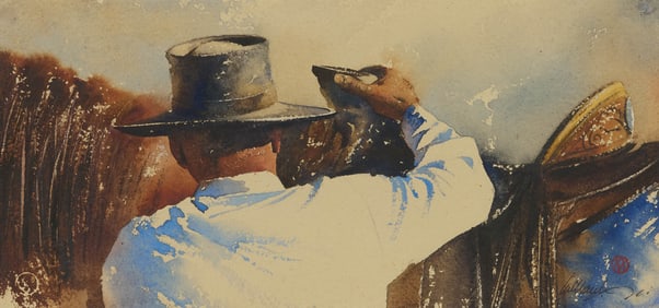 WILLIAM MATTHEWS, (American, b. 1949), Cowboy Saddling Horse