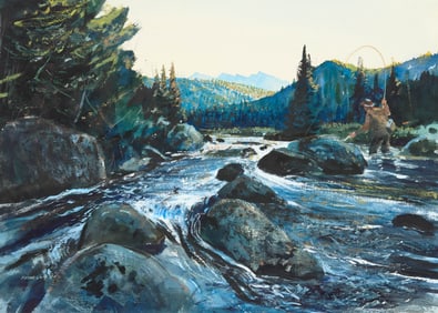 CHET RENESON, (American, b. 1934), Fast Water: Landing a Fish, 1974