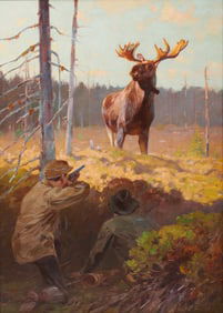 CARL RUNGIUS, (American, 1869-1959), Moose and Hunters