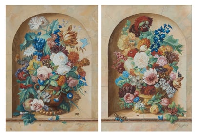 FREDERICH JUNGLING, (German, 1846-1889), Pair of Floral Still Lives in Architectural Niches