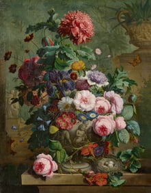 DUTCH SCHOOL, (19th century), Floral Still Life with Butterfly and Bird Nest