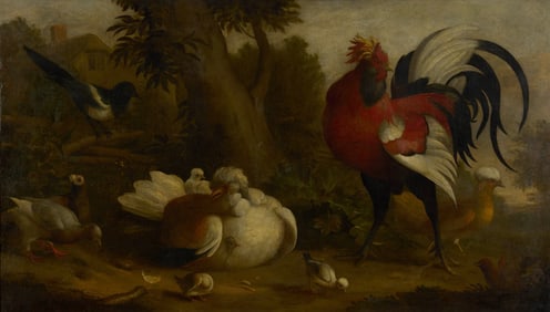 MARMADUKE CRADOCK, (English, 1660-1717), Poultry, Pigeons, and a Magpie in a Landscape