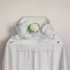 RAYMOND HAN, (American, 1931-2017), White Still Life with Cauliflower, 1987