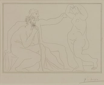 PABLO PICASSO, (Spanish, 1881-1973), Deux sculpteurs devant une statue