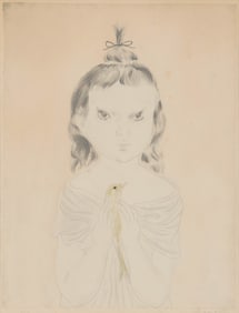 LEONARD TSUGUHARU FOUJITA, (Japanese, 1886-1968), Little Girl With Top Knot Holding a Bird