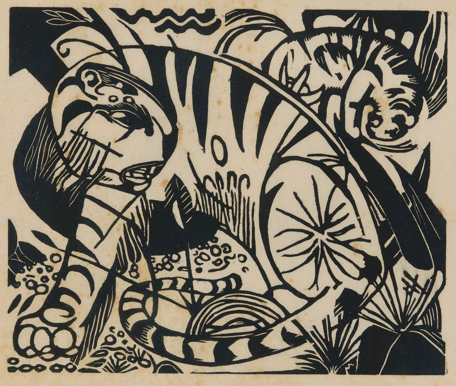 FRANZ MARC, (German, 1880-1916), Tiger: FRANZ MARC(German, 1880-1916)Tigerwoodcutstamped and signed in pencil Maria Marc versoplate: 7 7/8 x 9 3/8 in., sheet: 12 x 16 3/8 in., frame: 16 3/4 x 22 3/4 in. Provenance: The Collect