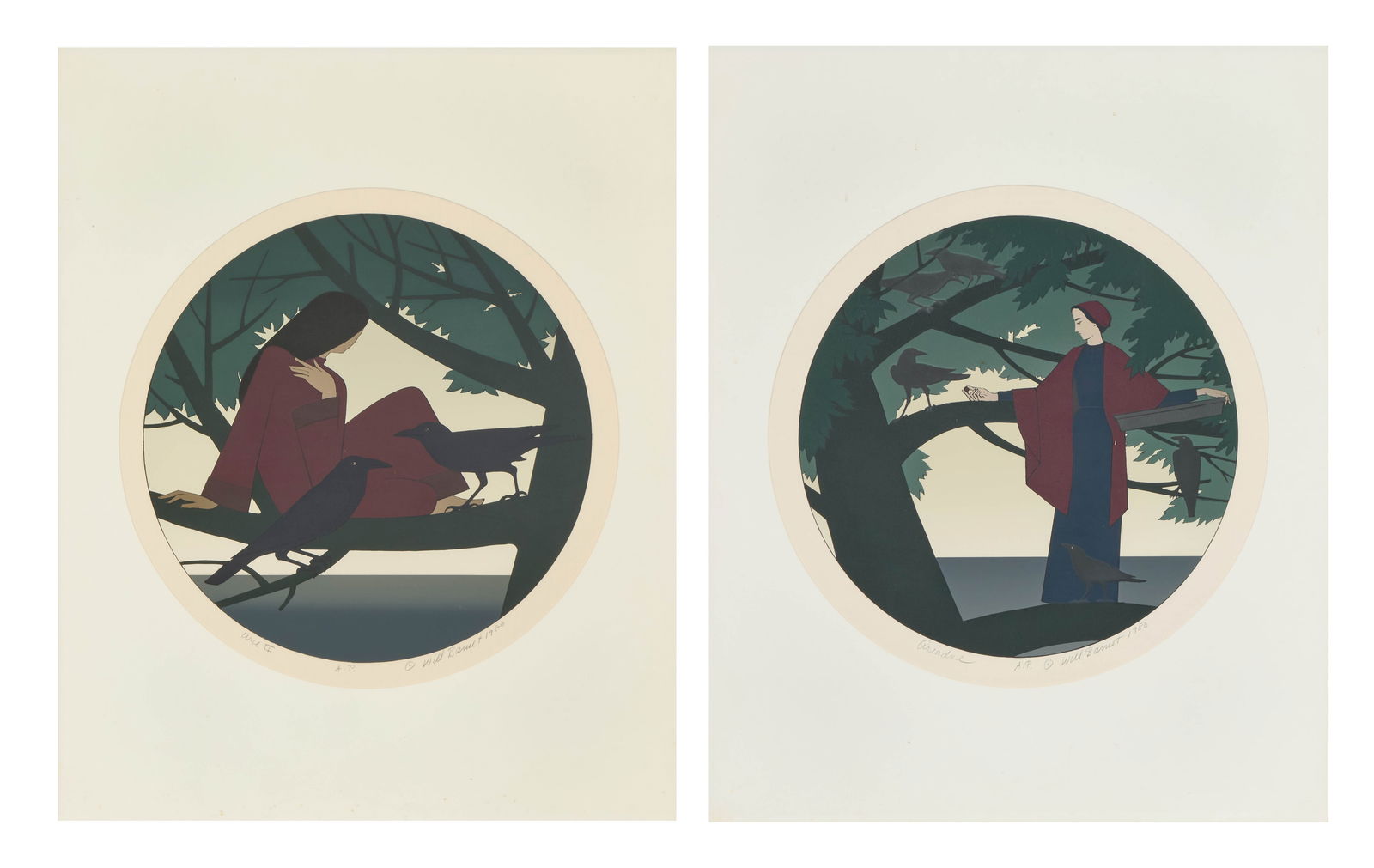 WILL BARNET, (American, 1911-2012), Ariadne and Circe II, 1980: WILL BARNET(American, 1911-2012)Ariadne and Circe II1980, screenprintseach titled, numbered AP, signed Will Barnet, and dated1980 in lower margineach plate: 17 1/2 x 17 1/2 in.,