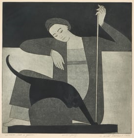 WILL BARNET, (American, 1911-2012), Woman, Cat, and Yarn, 1980
