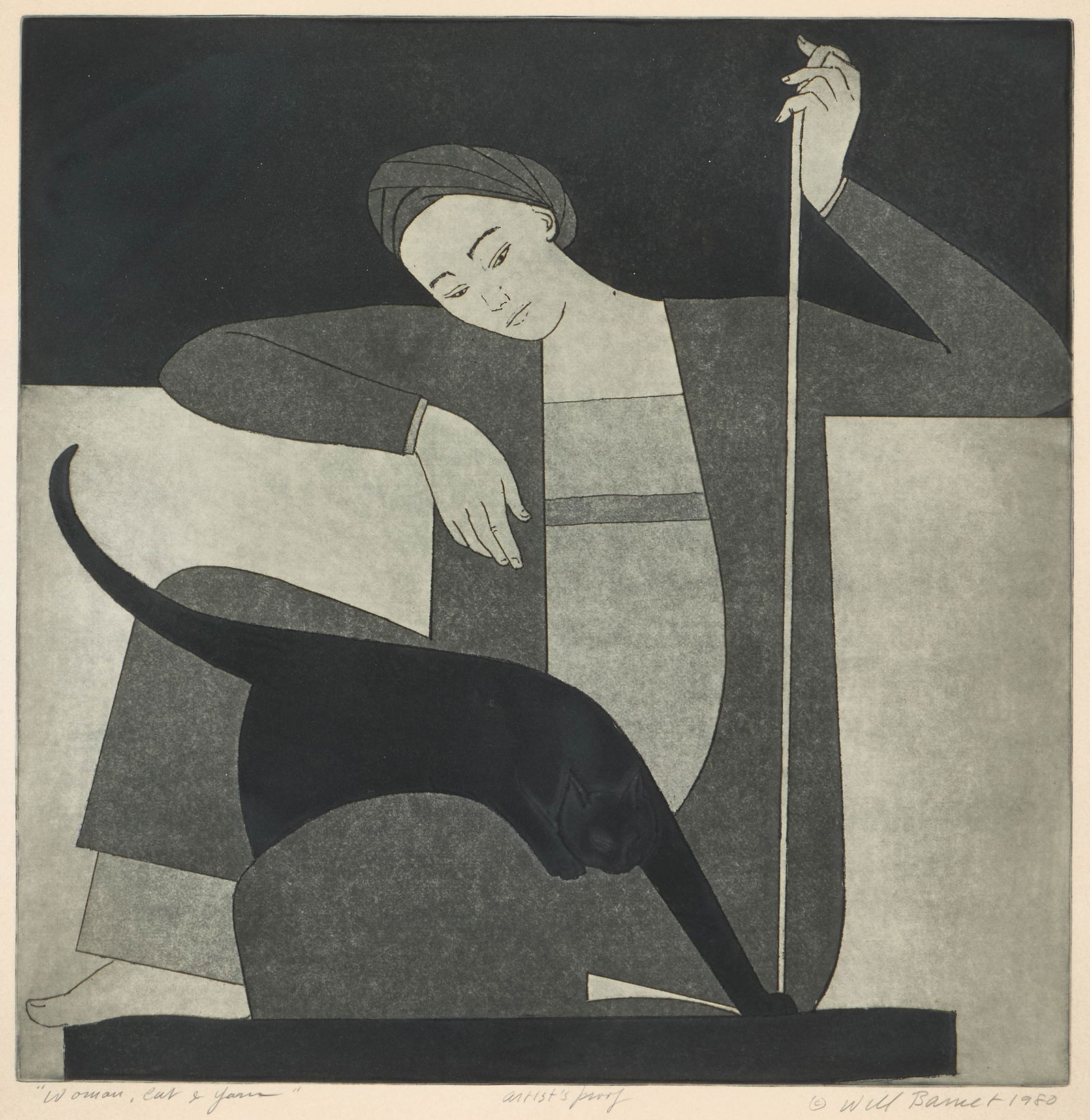 WILL BARNET, (American, 1911-2012), Woman, Cat, and Yarn, 1980: WILL BARNET(American, 1911-2012)Woman, Cat, and Yarn1980, aquatint and etchingtitled, numbered artist's proof, signed Will Barnet, and dated 1980 along lower marginplate: 20 x 19