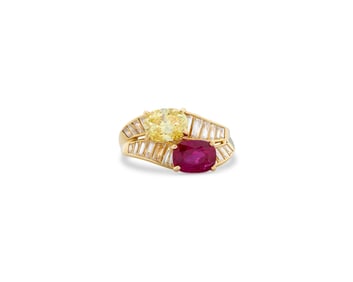 18K Gold, Fancy Vivid Yellow Diamond, Burmese Ruby, and Diamond Bypass Ring