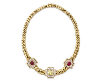 18K Gold, Fancy Intense Yellow Diamond, Burmese Ruby, and Diamond Necklace