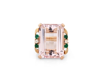 14K Gold, Kunzite, Emerald, and Diamond Ring