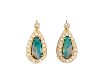 18K Gold, Boulder Opal, and Diamond Earring Pendants