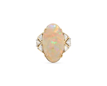 14K Gold, White Opal, and Diamond Ring