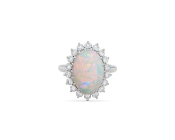 14K Gold, White Opal, and Diamond Ring