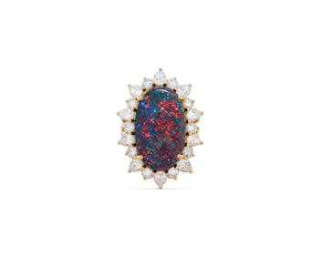 14K Gold, Black Opal, and Diamond Ring