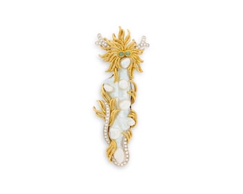 18K Gold, Keshi Pearl, Diamond, and Colored Diamond Brooch
