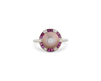 Platinum, Cultured Pearl, Diamond, and Ruby Ring