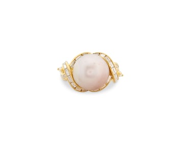 18K Gold, Cultured Pearl, and Diamond Ring