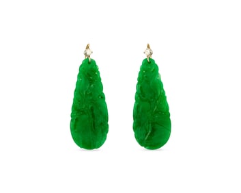 14K Gold, Carved Jade, and Diamond Earring Pendants