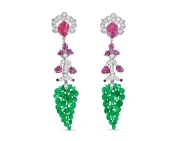14K Gold, Diamond, Ruby, and Jadeite Earrings