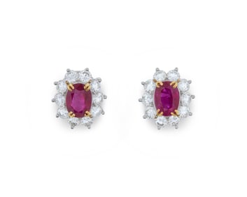 Platinum, Burmese Ruby, and Diamond Earrings
