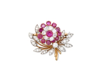 Platinum, 18K Gold, Ruby, and Diamond Brooch