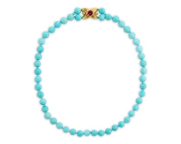 18K Gold, Turquoise, and Pink Tourmaline Necklace