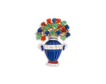 J. & S.S. DeYOUNG 18K Gold, Lapis Lazuli, Diamond, Emerald, and Carnelian Brooch