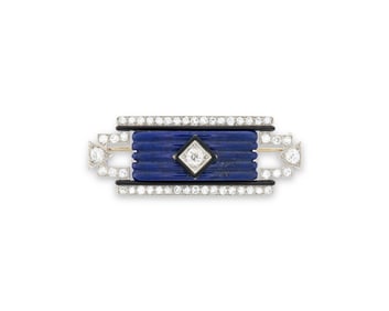 Platinum, Lapis Lazuli, Diamond, and Onyx Brooch