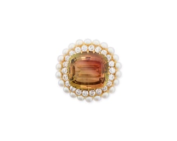 THEODORE B. STARR 14K Gold, Citrine, Diamond, and Pearl Brooch