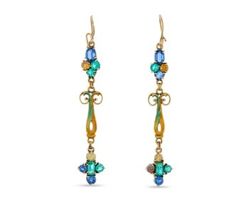 14K Gold, Colored Diamond, Sapphire, Emerald, and Enamel Earrings, attributed to Louis Comfort