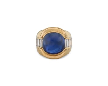 18K Gold, Cabochon Sapphire, and Diamond Ring