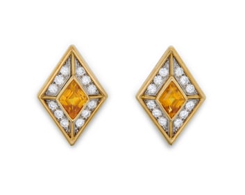 14K Gold, Yellow Sapphire, and Diamond Earrings