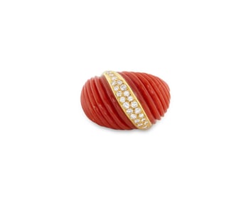 18K Gold, Coral, and Diamond Ring