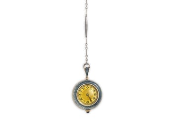 14K Gold, Enamel, Diamond, and Sapphire Pendant Watch