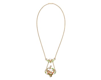 14K Gold, Pearl, and Enamel Pendant Necklace/Brooch